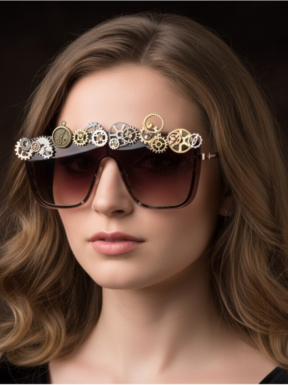 Designer Steampunk Gear Embellished Brown Gradient Sunglasses